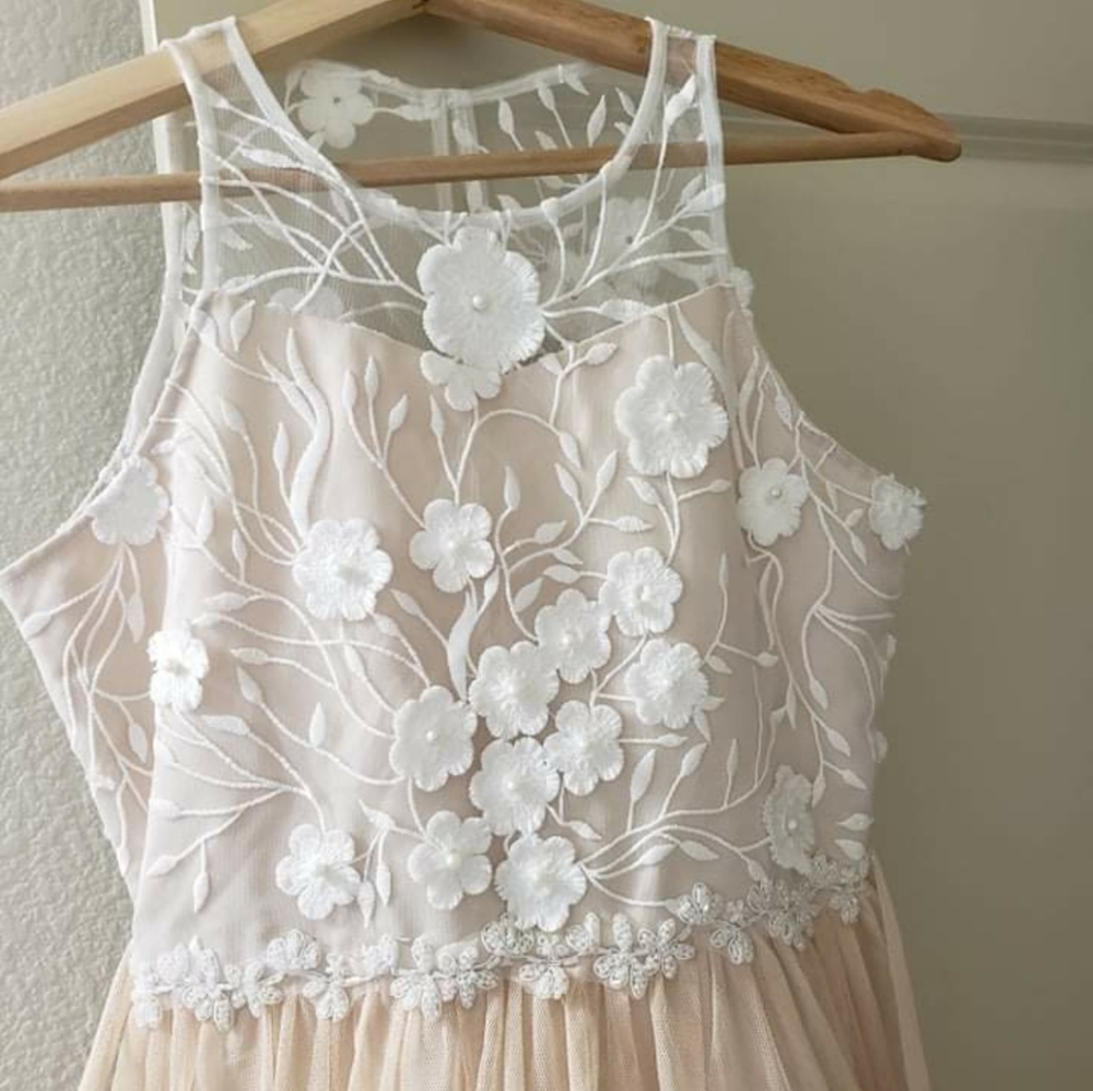 Big Girls Embroidered Mesh Gown, Taupe - Picture 3 of 9